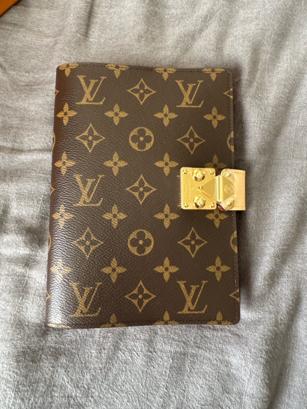 Louis Vuitton Monogram Notebook Cover in Brown and Tan with Gold Lock
